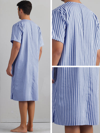 Striped Nightshirts for Men's Short Sleeve Button Down Sleep Shirts V-Neck Stripes Nightgown