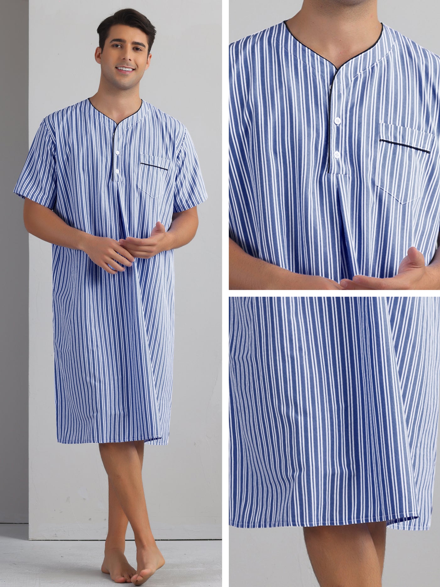 Bublédon Striped Nightshirts for Men's Short Sleeve Button Down Sleep Shirts V-Neck Stripes Nightgown