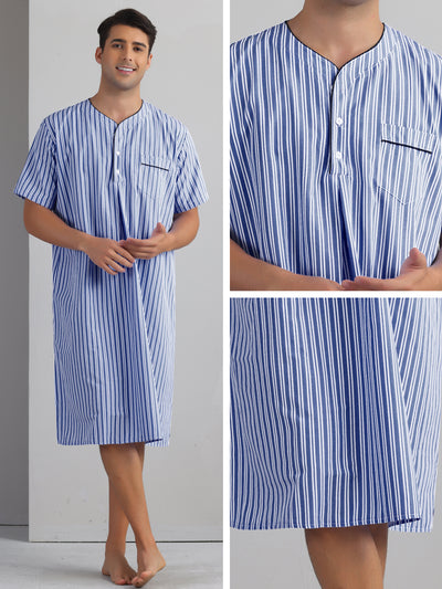 Striped Nightshirts for Men's Short Sleeve Button Down Sleep Shirts V-Neck Stripes Nightgown