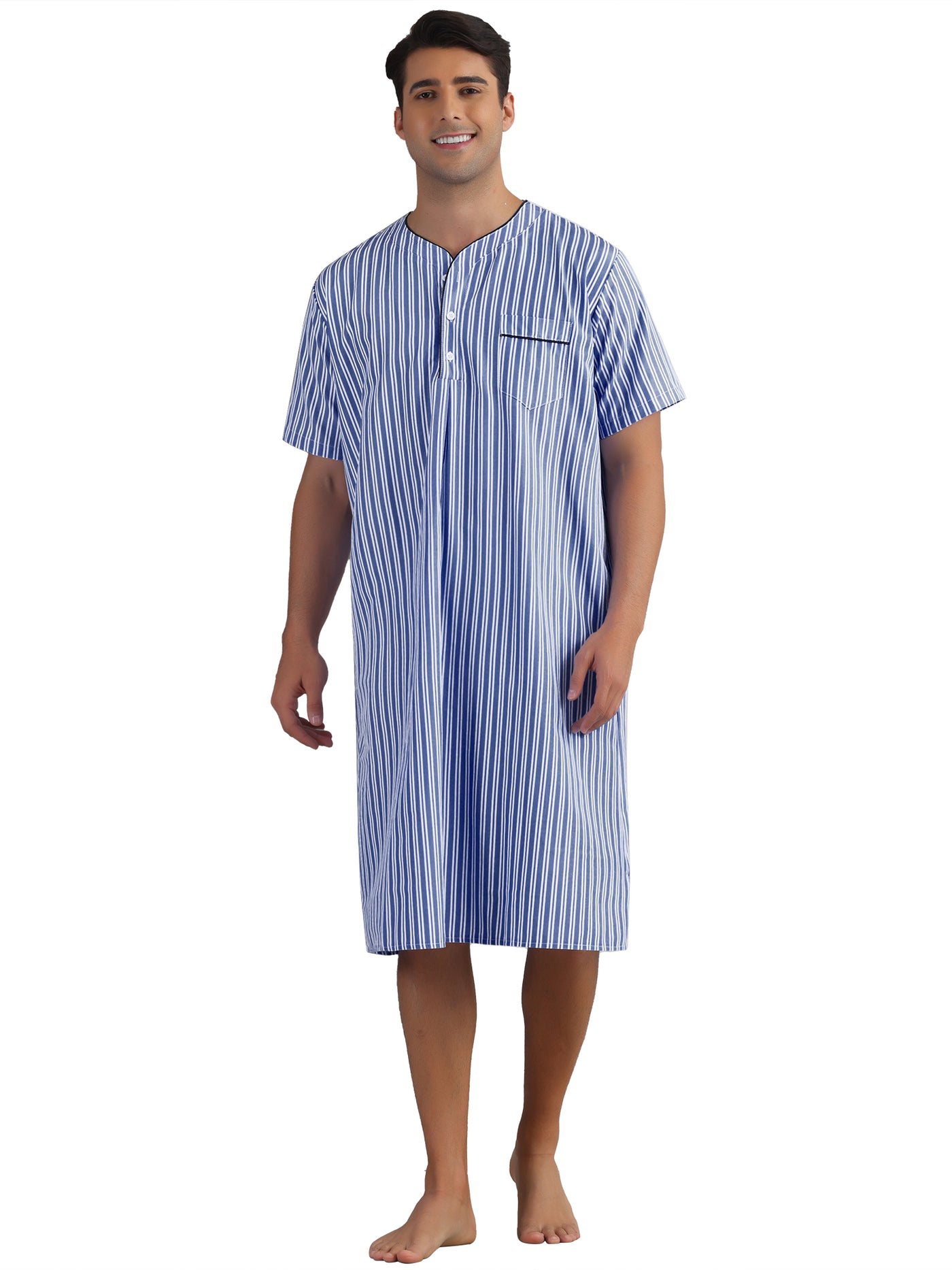 Bublédon Striped Nightshirts for Men's Short Sleeve Button Down Sleep Shirts V-Neck Stripes Nightgown