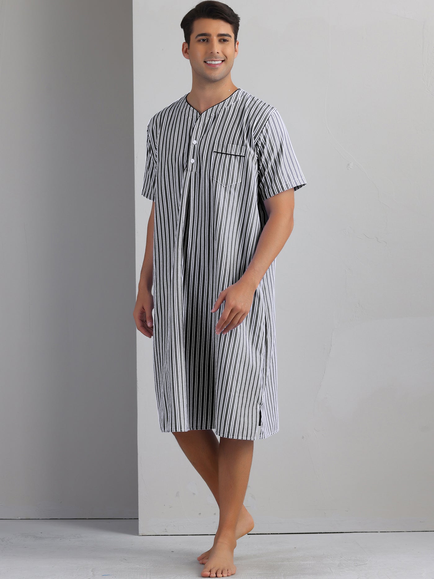 Bublédon Striped Nightshirts for Men's Short Sleeve Button Down Sleep Shirts V-Neck Stripes Nightgown