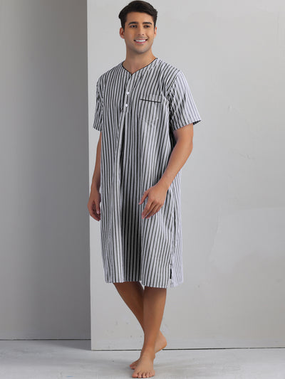 Striped Nightshirts for Men's Short Sleeve Button Down Sleep Shirts V-Neck Stripes Nightgown