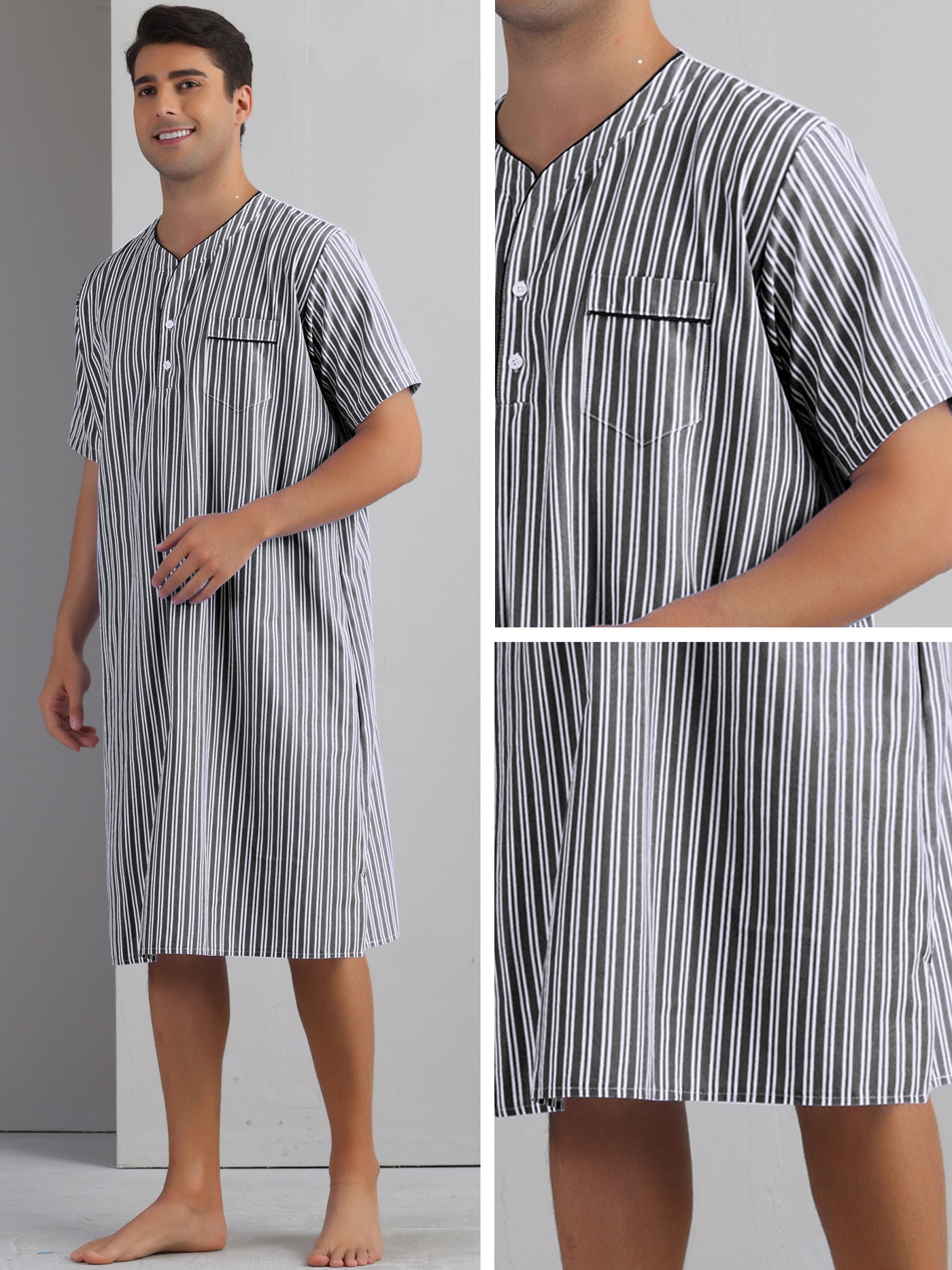 Bublédon Striped Nightshirts for Men's Short Sleeve Button Down Sleep Shirts V-Neck Stripes Nightgown