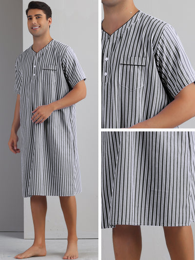 Striped Nightshirts for Men's Short Sleeve Button Down Sleep Shirts V-Neck Stripes Nightgown