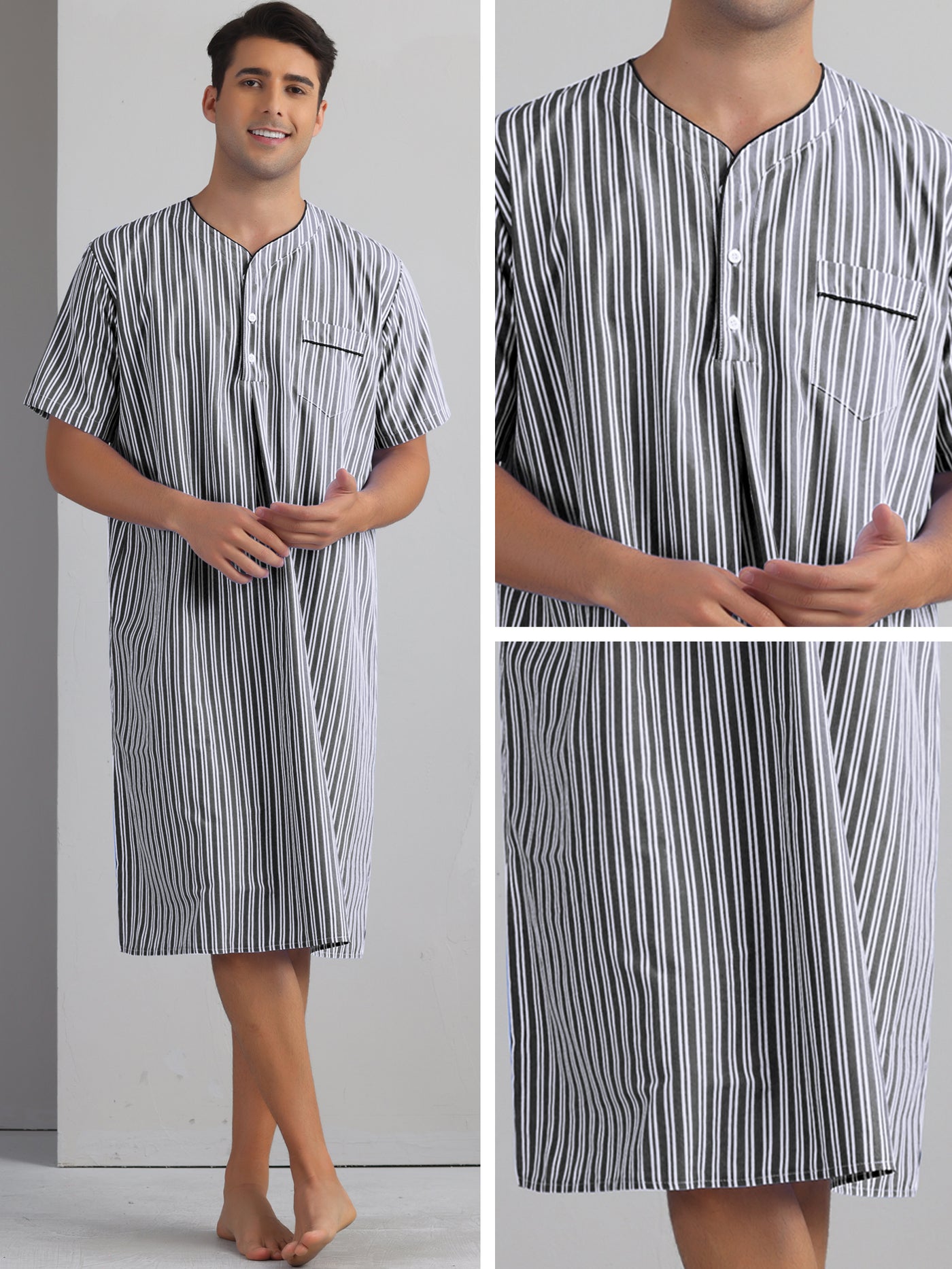 Bublédon Striped Nightshirts for Men's Short Sleeve Button Down Sleep Shirts V-Neck Stripes Nightgown