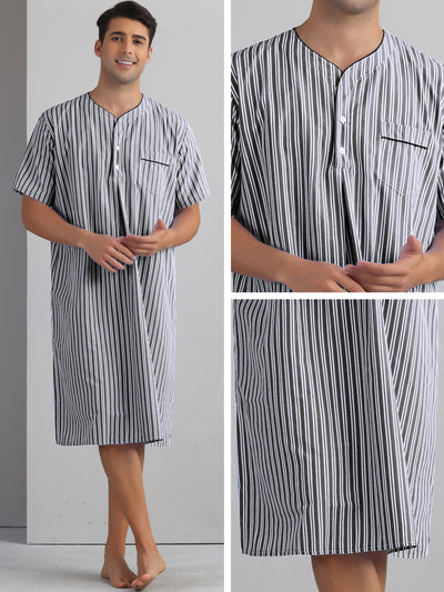 Striped Nightshirts for Men's Short Sleeve Button Down Sleep Shirts V-Neck Stripes Nightgown