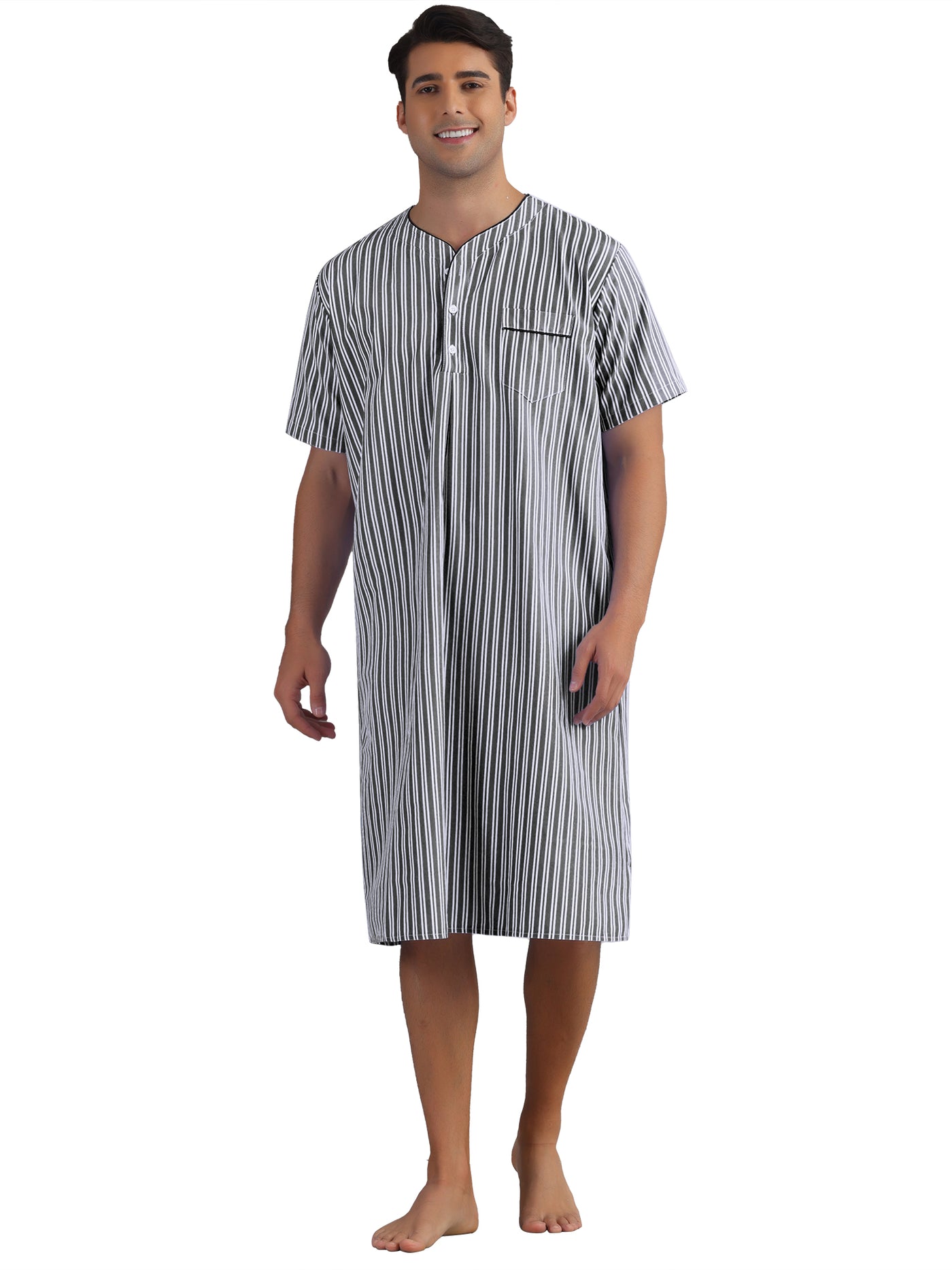 Bublédon Striped Nightshirts for Men's Short Sleeve Button Down Sleep Shirts V-Neck Stripes Nightgown