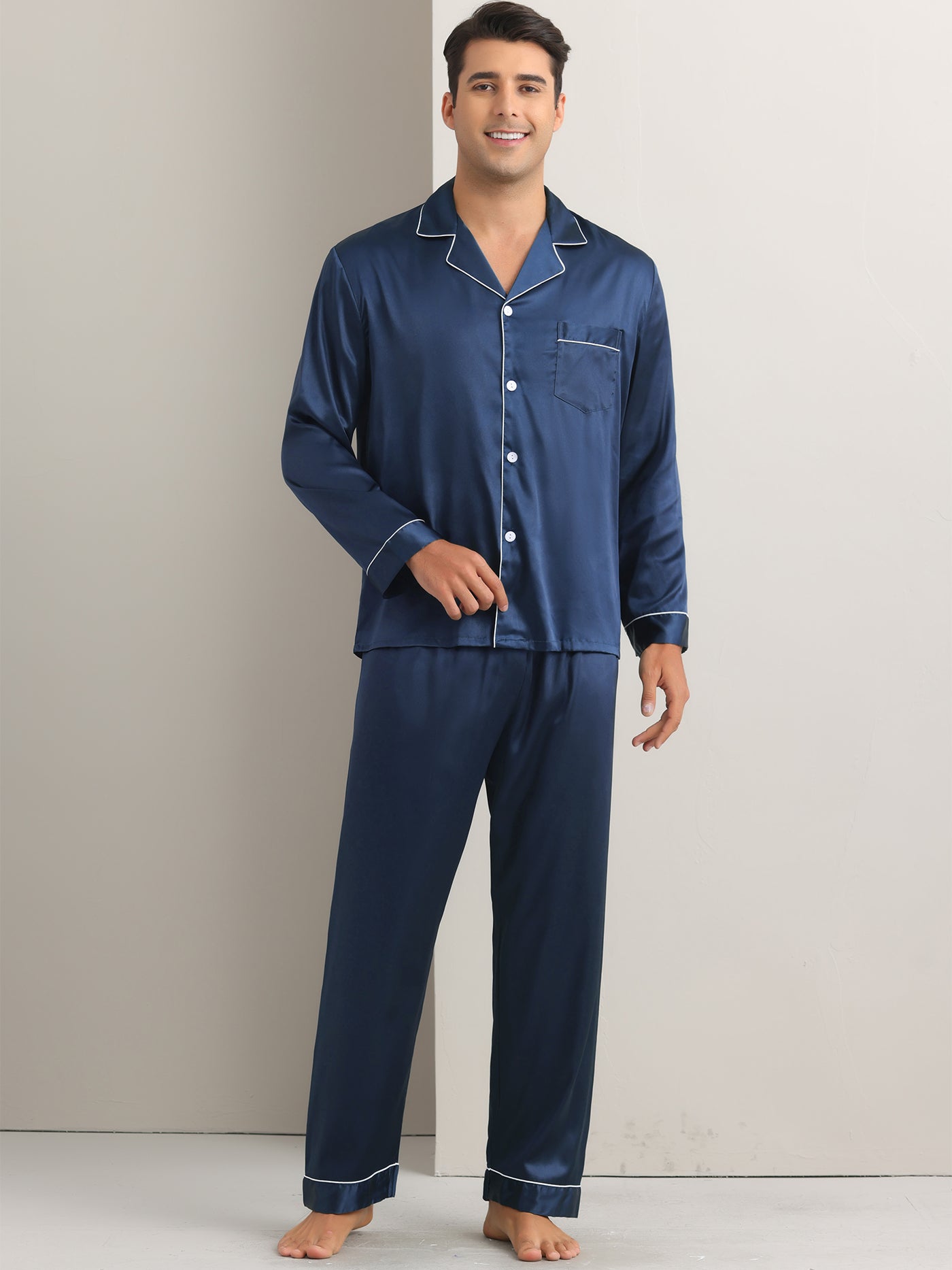 Bublédon Satin Pajamas Set for Men's 2 Pieces Homewear Button Down Long Sleeve Nightshirt Casual Loungwear