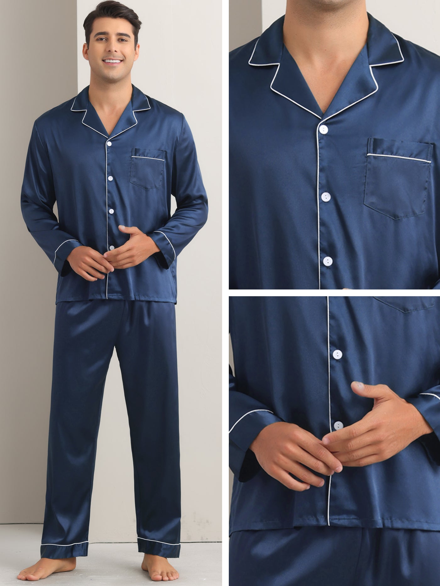 Bublédon Satin Pajamas Set for Men's 2 Pieces Homewear Button Down Long Sleeve Nightshirt Casual Loungwear