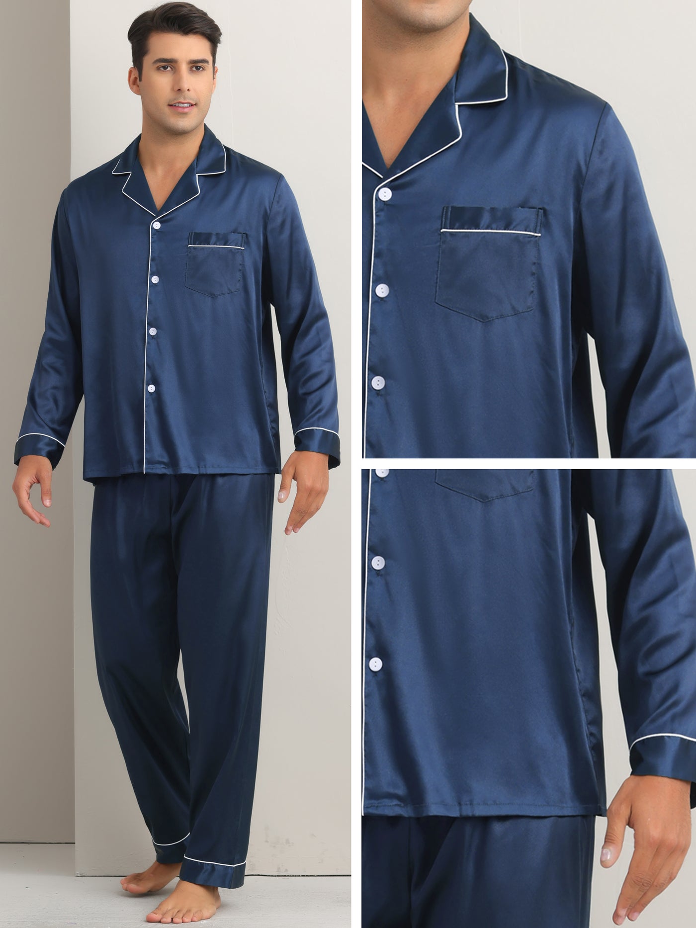 Bublédon Satin Pajamas Set for Men's 2 Pieces Homewear Button Down Long Sleeve Nightshirt Casual Loungwear