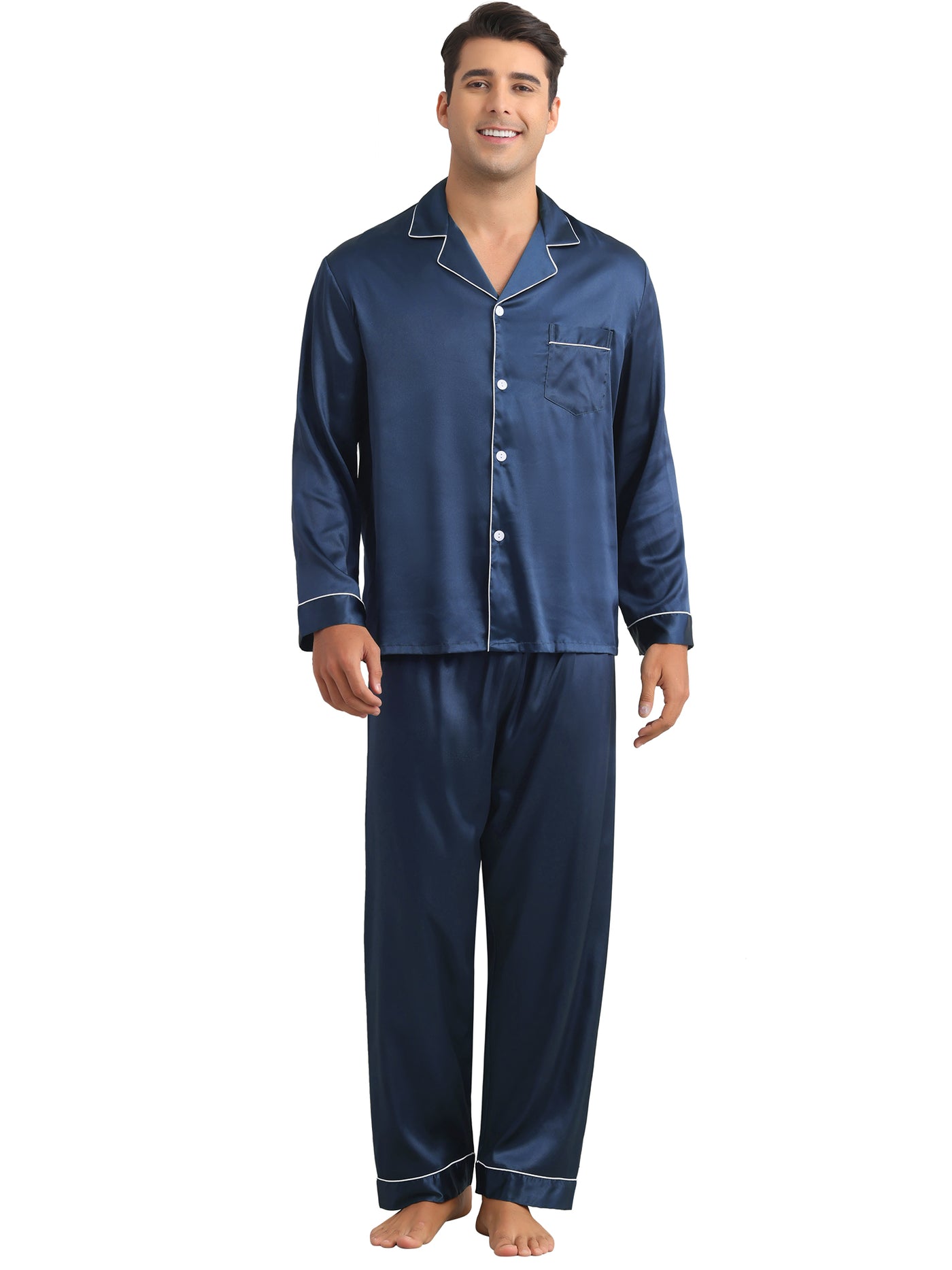 Bublédon Satin Pajamas Set for Men's 2 Pieces Homewear Button Down Long Sleeve Nightshirt Casual Loungwear