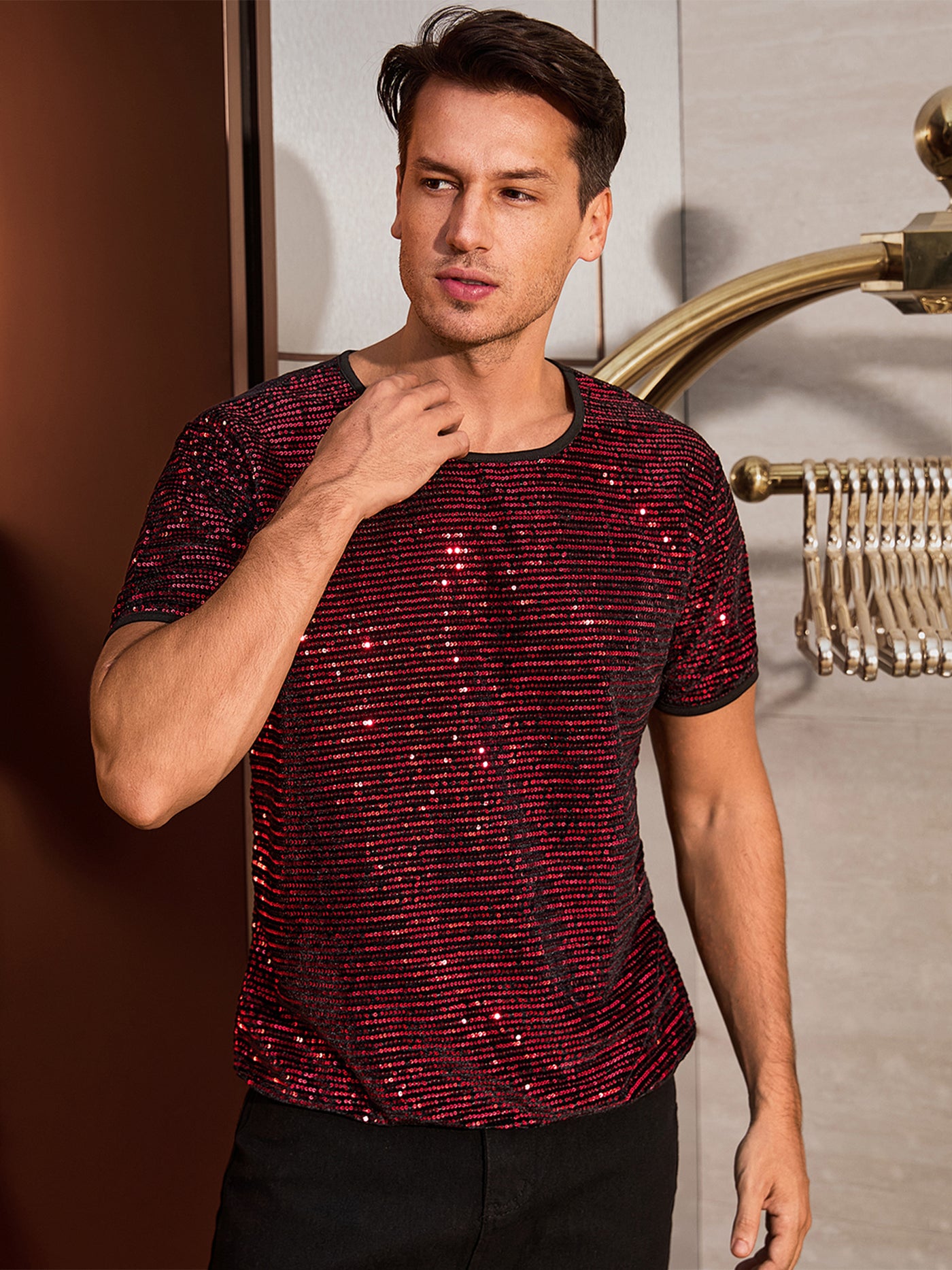 Bublédon Sparkling Sequin T-Shirt for Men's Disco Lightweight Round Neck Short Sleeve Party Clubwear Glitter Top Tee