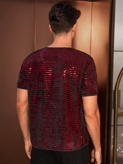 Sparkling Sequin T-Shirt for Men's Disco Lightweight Round Neck Short Sleeve Party Clubwear Glitter Top Tee