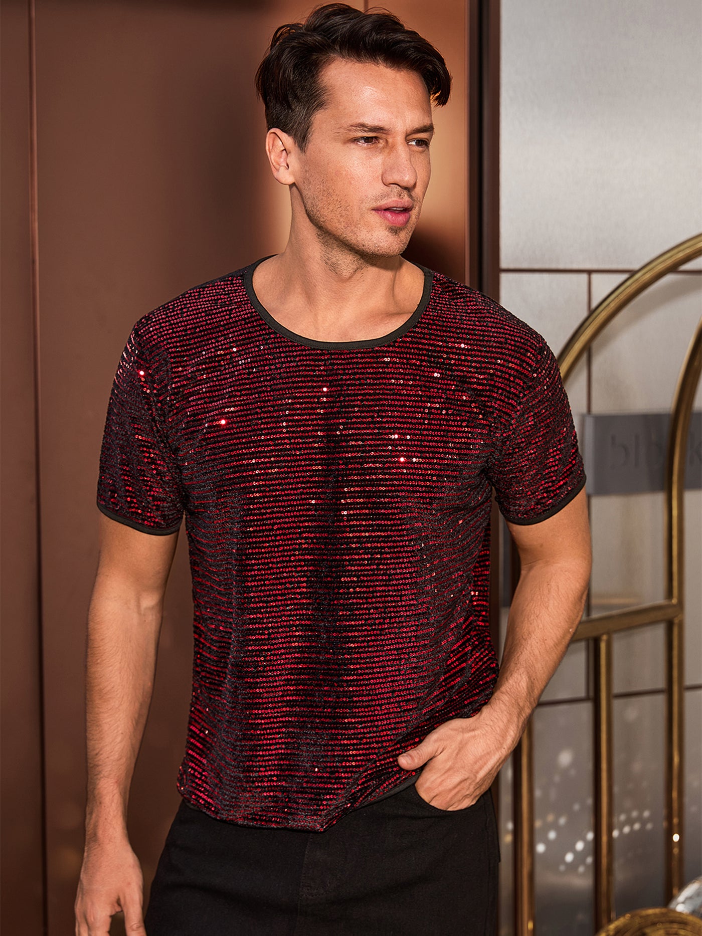 Bublédon Sparkling Sequin T-Shirt for Men's Disco Lightweight Round Neck Short Sleeve Party Clubwear Glitter Top Tee