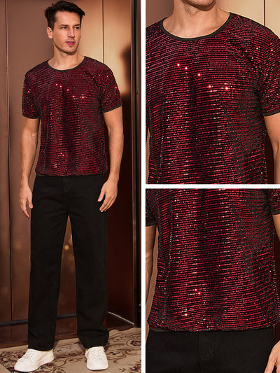 Sparkling Sequin T-Shirt for Men's Disco Lightweight Round Neck Short Sleeve Party Clubwear Glitter Top Tee