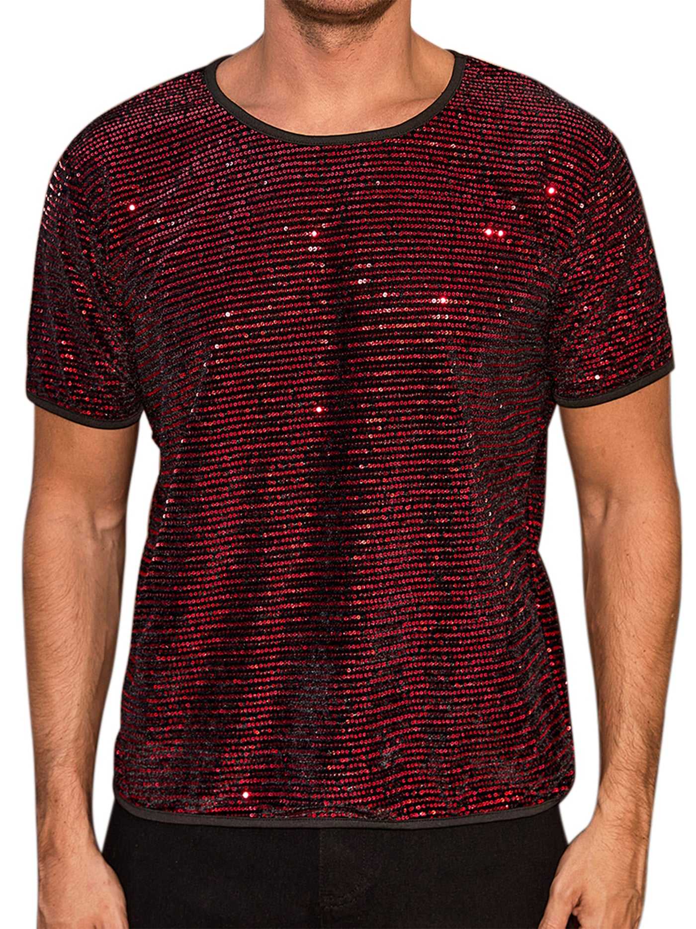 Bublédon Sparkling Sequin T-Shirt for Men's Disco Lightweight Round Neck Short Sleeve Party Clubwear Glitter Top Tee