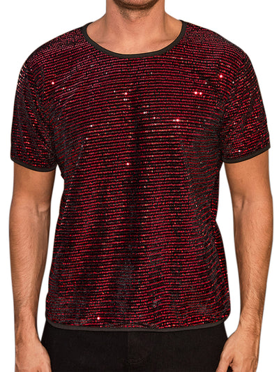 Sparkling Sequin T-Shirt for Men's Disco Lightweight Round Neck Short Sleeve Party Clubwear Glitter Top Tee