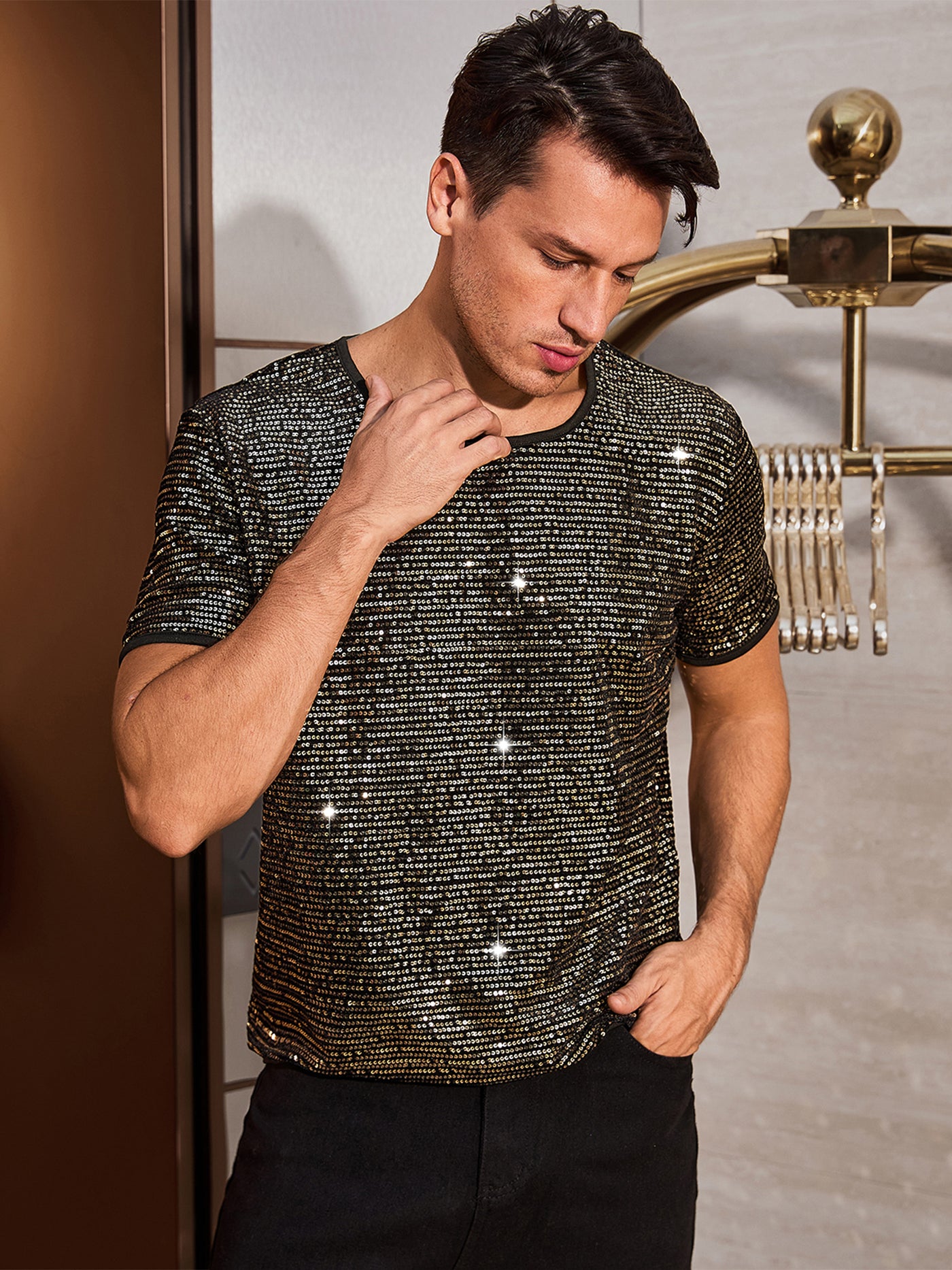 Bublédon Sparkling Sequin T-Shirt for Men's Disco Lightweight Round Neck Short Sleeve Party Clubwear Glitter Top Tee