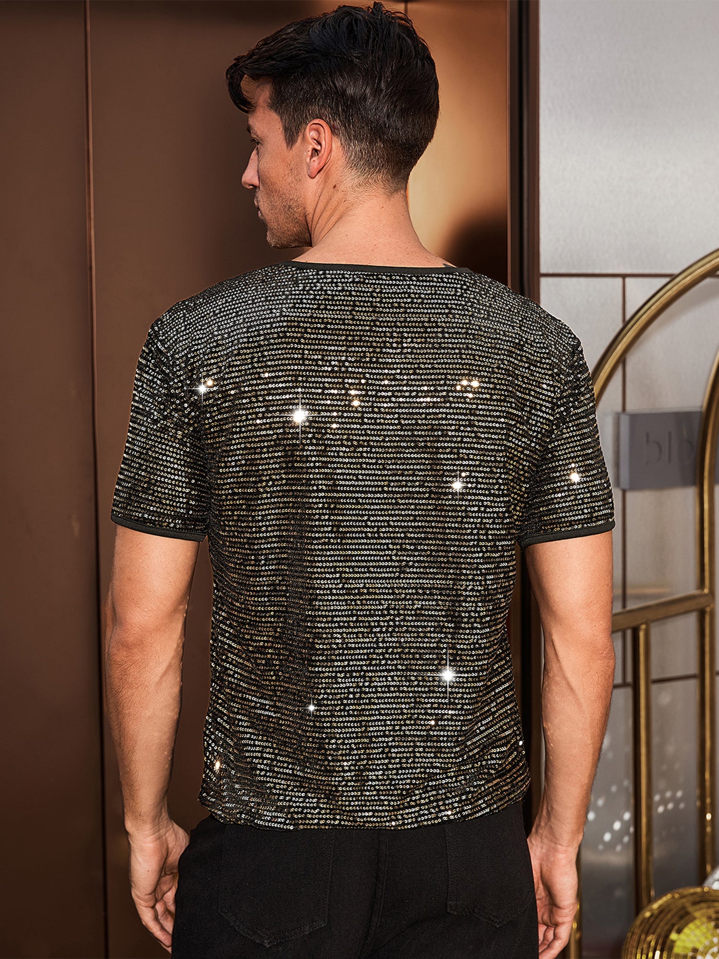 Bublédon Sparkling Sequin T-Shirt for Men's Disco Lightweight Round Neck Short Sleeve Party Clubwear Glitter Top Tee