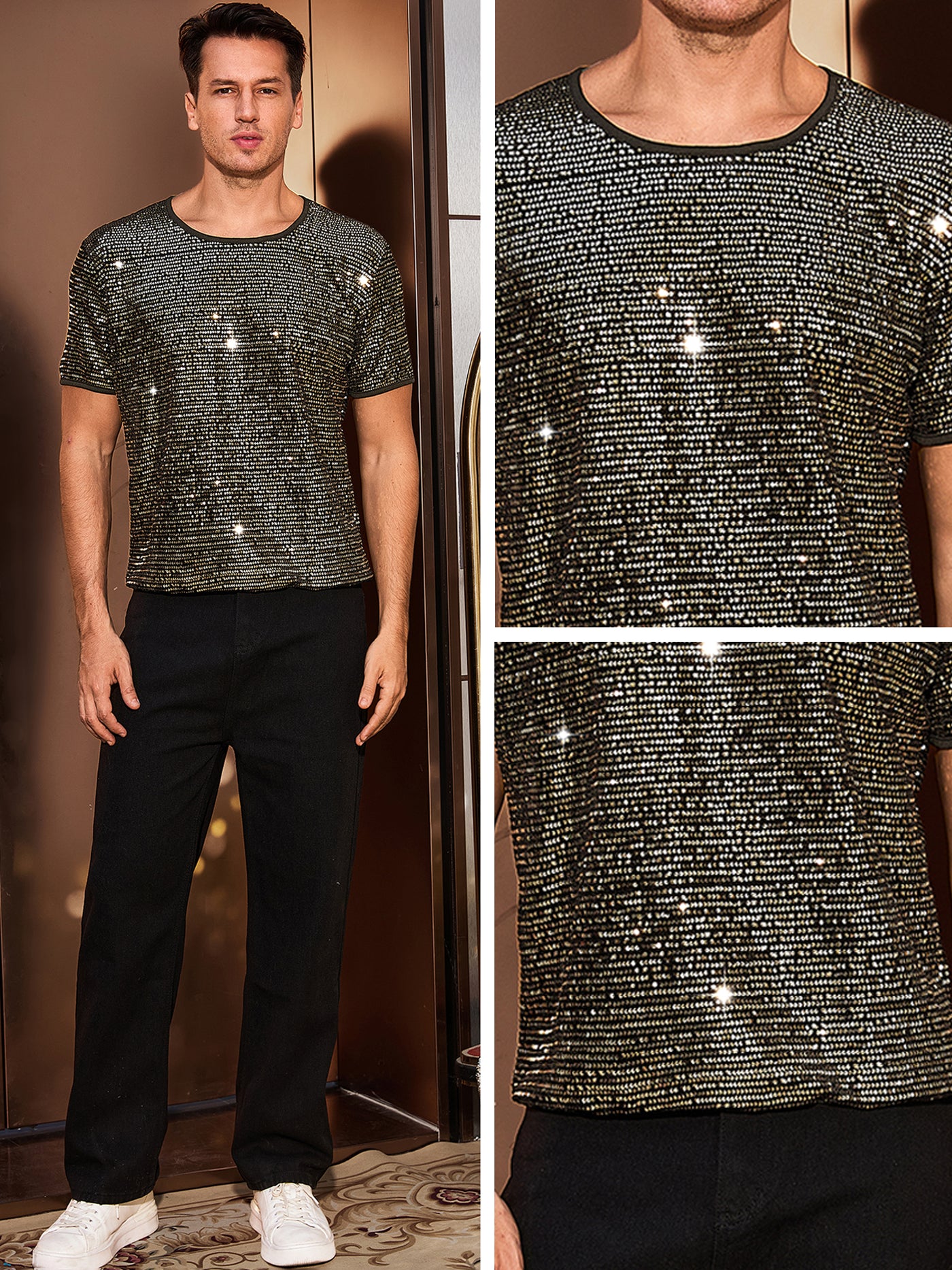 Bublédon Sparkling Sequin T-Shirt for Men's Disco Lightweight Round Neck Short Sleeve Party Clubwear Glitter Top Tee