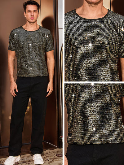 Sparkling Sequin T-Shirt for Men's Disco Lightweight Round Neck Short Sleeve Party Clubwear Glitter Top Tee