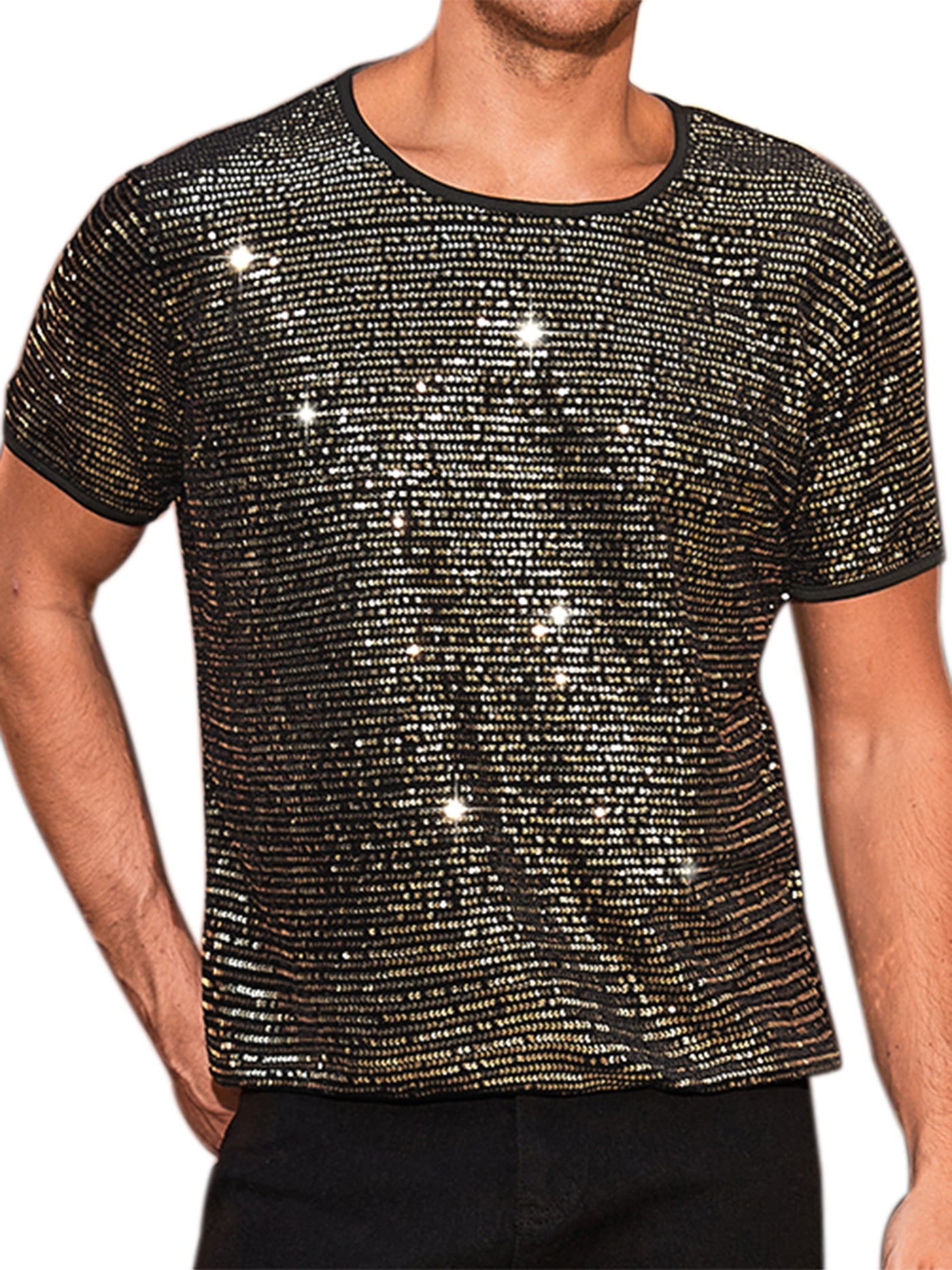 Bublédon Sparkling Sequin T-Shirt for Men's Disco Lightweight Round Neck Short Sleeve Party Clubwear Glitter Top Tee