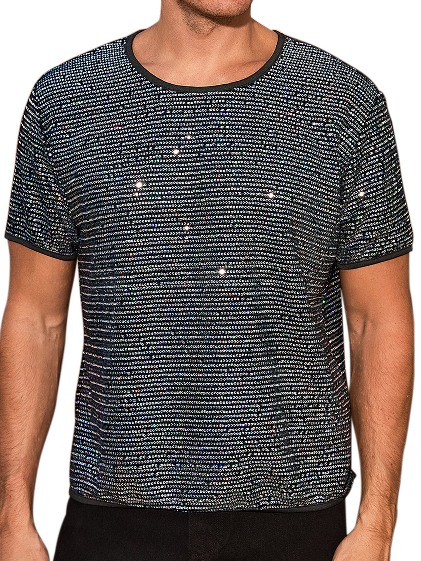 Bublédon Sparkling Sequin T-Shirt for Men's Disco Lightweight Round Neck Short Sleeve Party Clubwear Glitter Top Tee