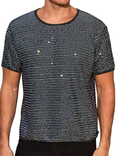 Sparkling Sequin T-Shirt for Men's Disco Lightweight Round Neck Short Sleeve Party Clubwear Glitter Top Tee