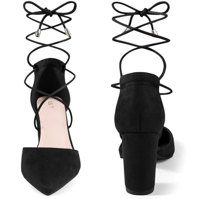 Pointy Toe Lace Up Chunky Heel Dress Pumps for Women