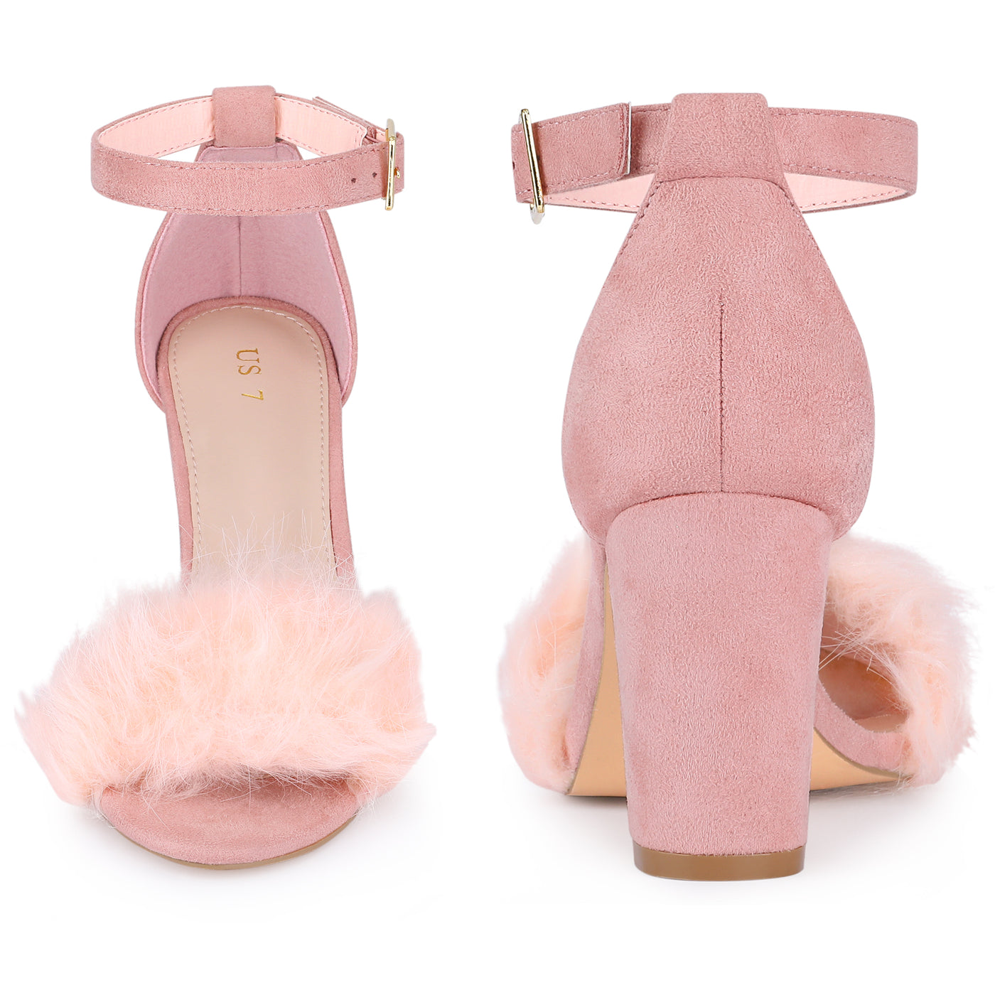 Bublédon Ankle Strap Faux Fur Block Chunky Heel Sandals for Women