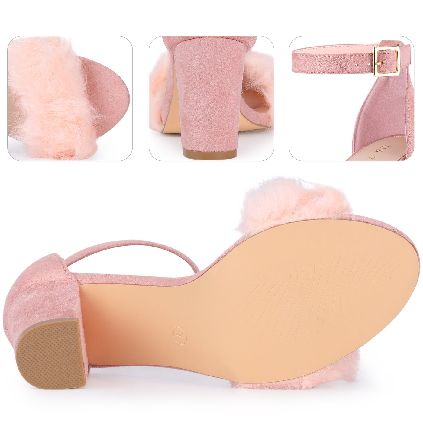 Bublédon Ankle Strap Faux Fur Block Chunky Heel Sandals for Women