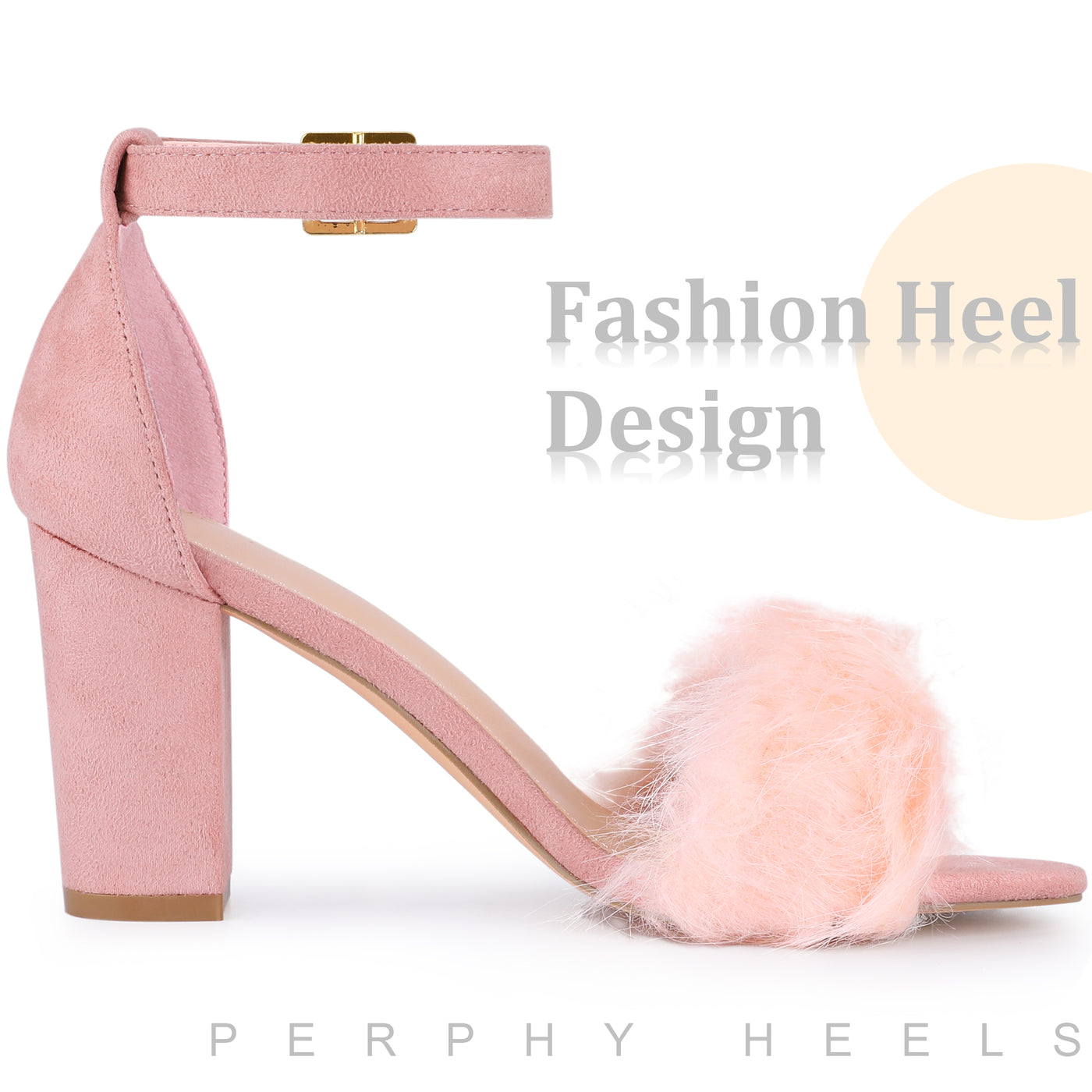 Bublédon Ankle Strap Faux Fur Block Chunky Heel Sandals for Women