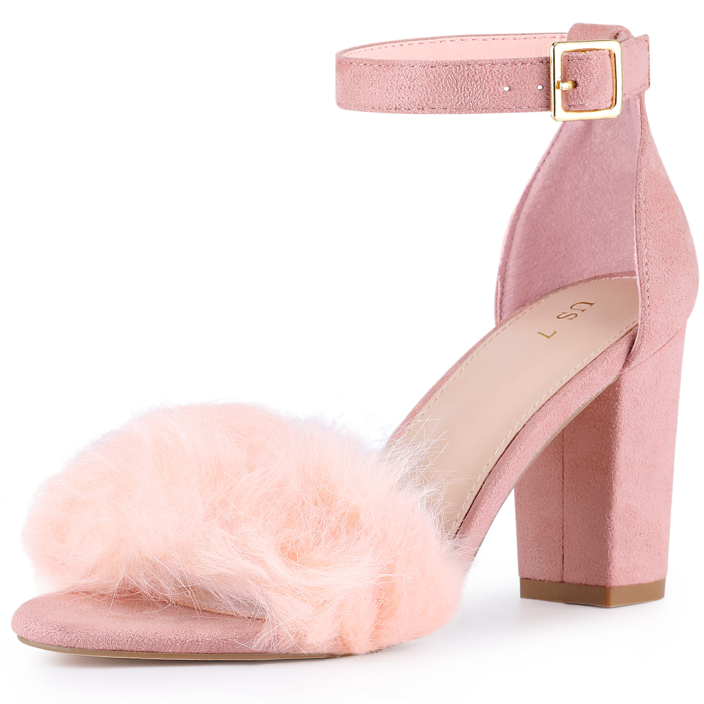 Bublédon Ankle Strap Faux Fur Block Chunky Heel Sandals for Women