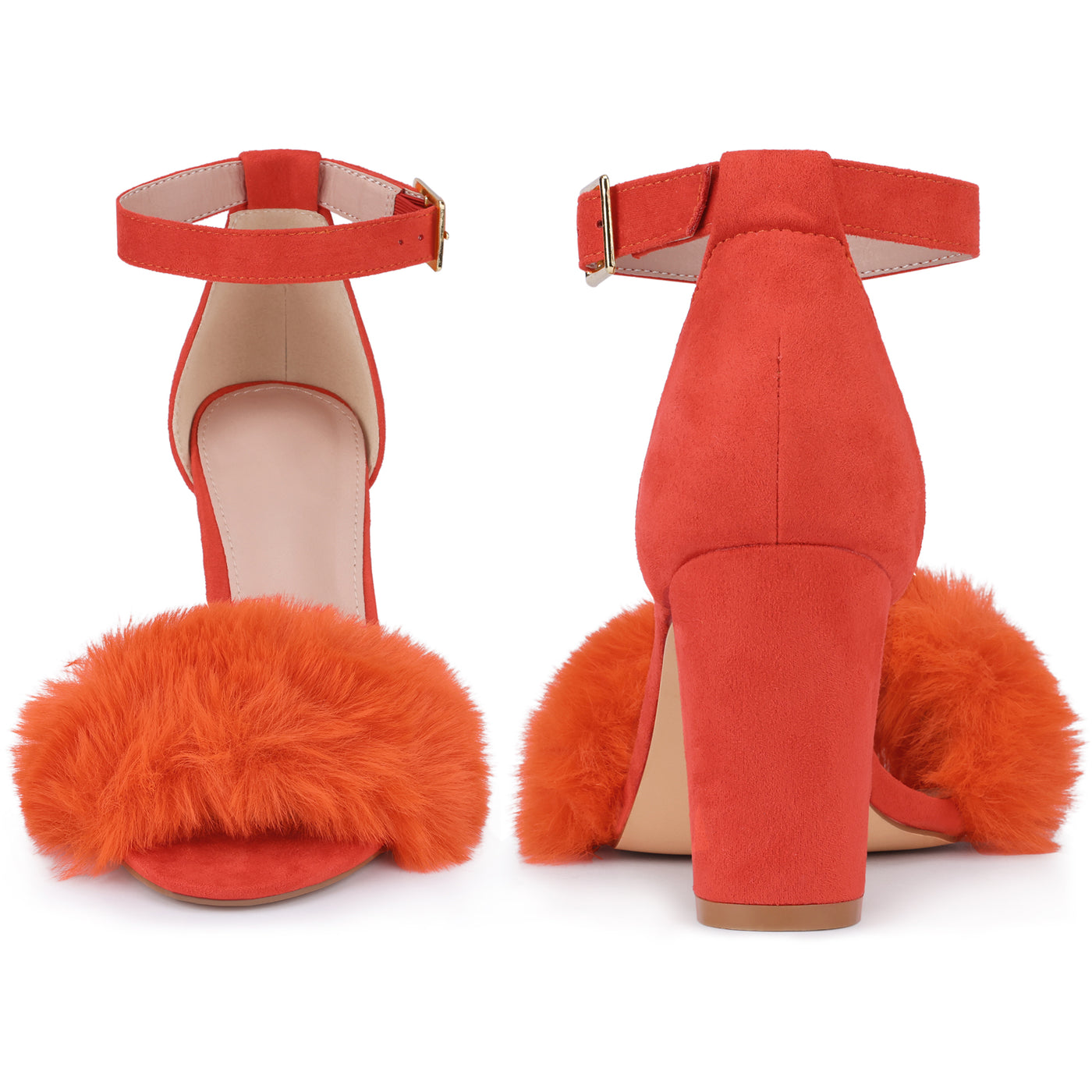 Bublédon Ankle Strap Faux Fur Block Chunky Heel Sandals for Women