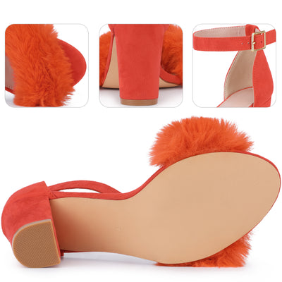 Ankle Strap Faux Fur Block Chunky Heel Sandals for Women