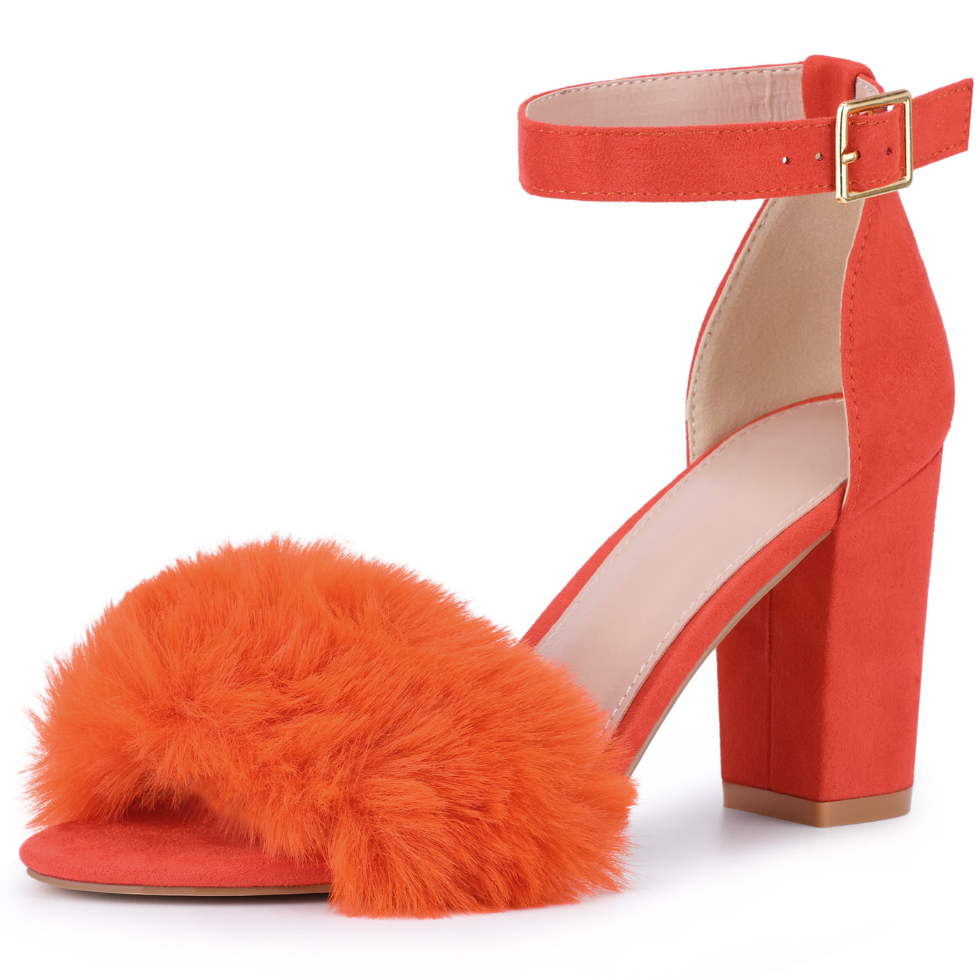 Bublédon Ankle Strap Faux Fur Block Chunky Heel Sandals for Women