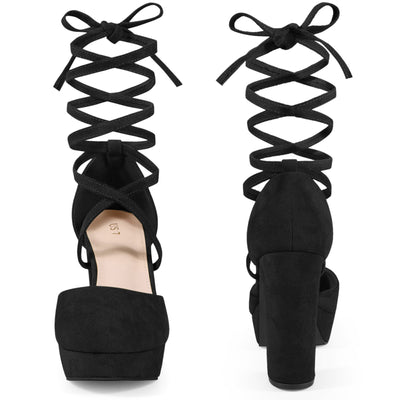 Lace Up Strappy Platform Block Heel Pumps for Women