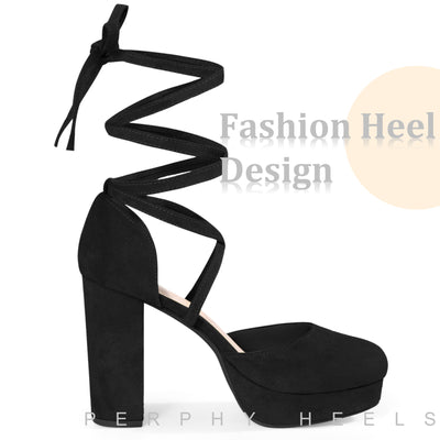 Lace Up Strappy Platform Block Heel Pumps for Women