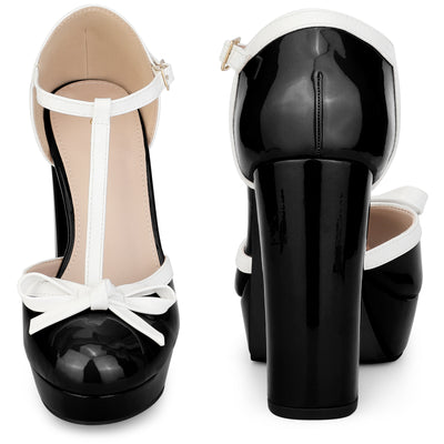 Platform Bow T Strap Chunky Heel Pumps for Women