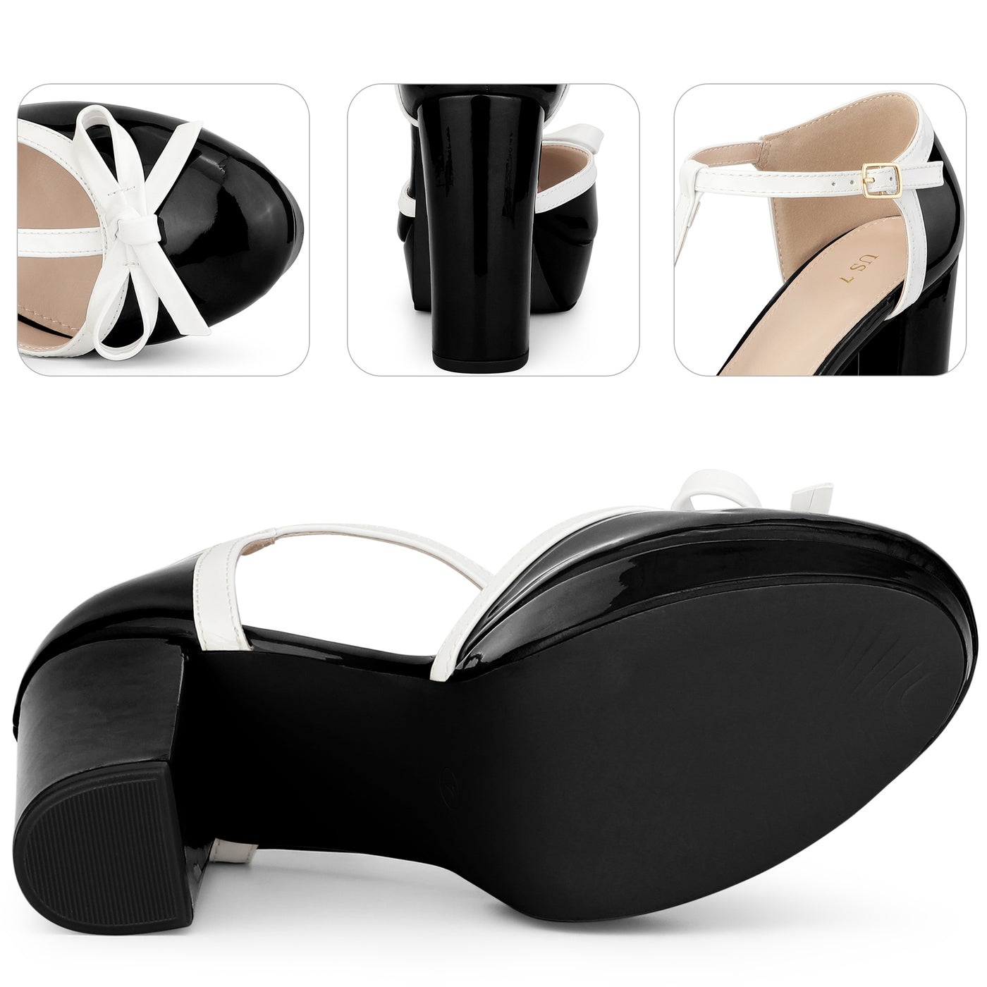Bublédon Platform Bow T Strap Chunky Heel Pumps for Women