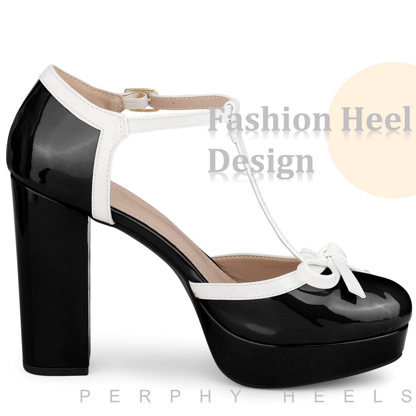 Bublédon Platform Bow T Strap Chunky Heel Pumps for Women