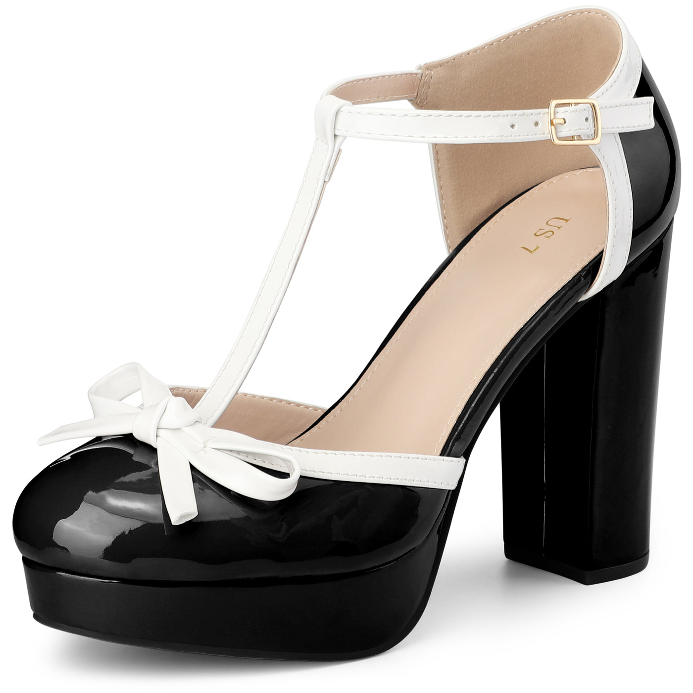 Bublédon Platform Bow T Strap Chunky Heel Pumps for Women