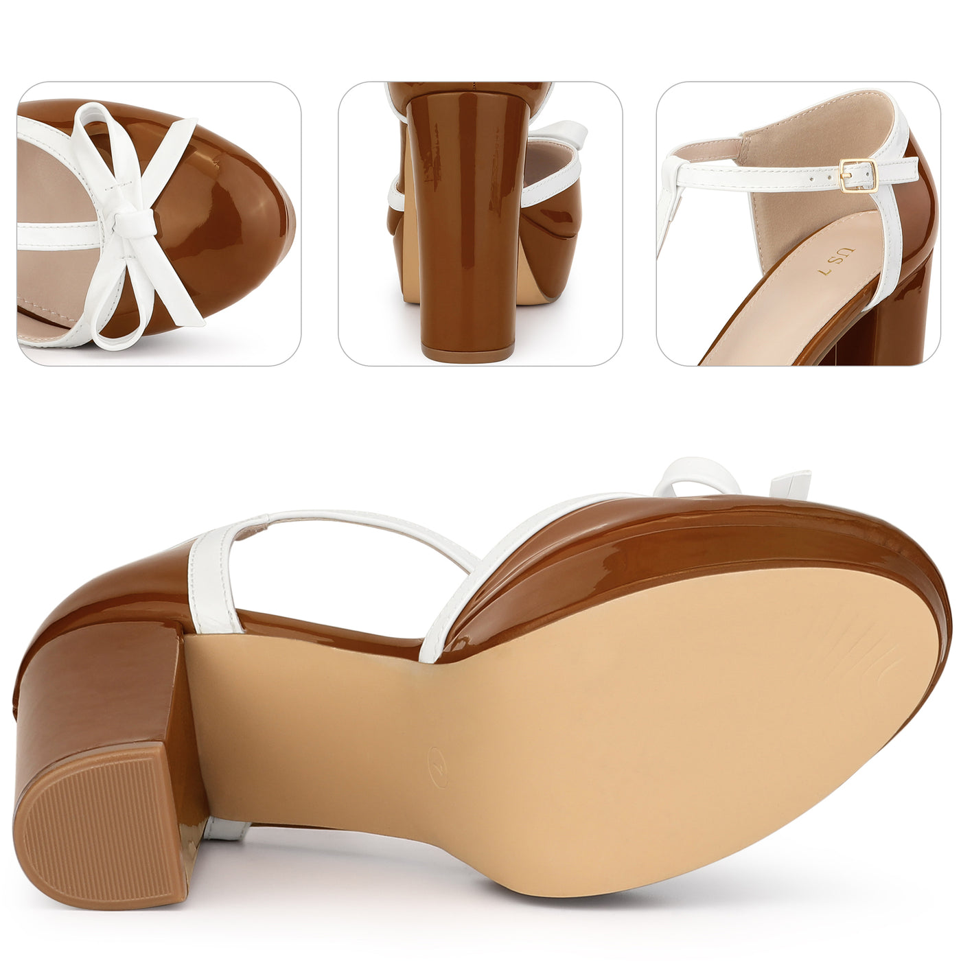 Bublédon Platform Bow T Strap Chunky Heel Pumps for Women