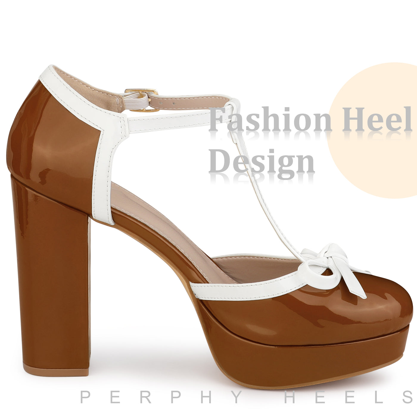 Bublédon Platform Bow T Strap Chunky Heel Pumps for Women