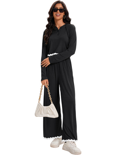 Bublédon Onfers Two Piece Sets for Women Casual Cropped Half Button Hoodie Top Wide Leg Pants Ribbed Knit Tracksuit