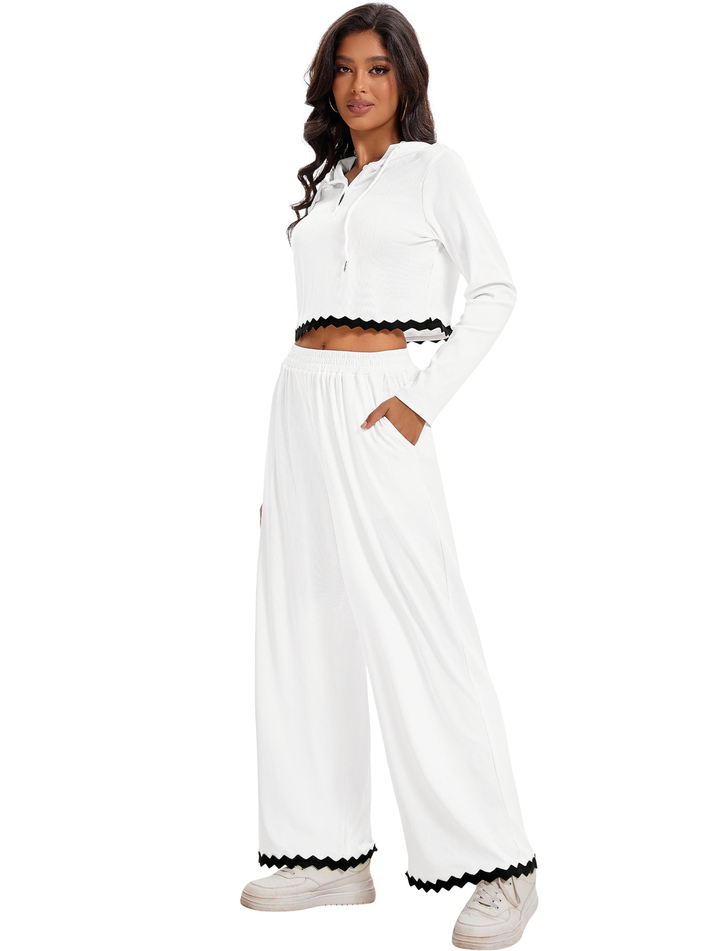 Bublédon Onfers Two Piece Sets for Women Casual Cropped Half Button Hoodie Top Wide Leg Pants Ribbed Knit Tracksuit