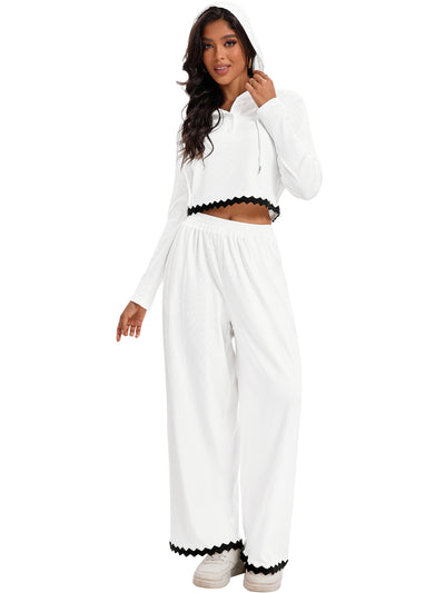 Onfers Two Piece Sets for Women Casual Cropped Half Button Hoodie Top Wide Leg Pants Ribbed Knit Tracksuit