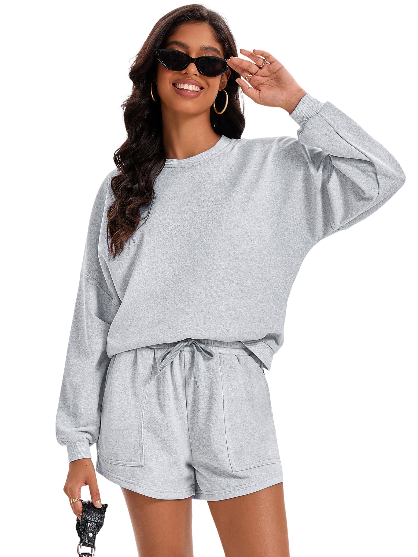 Bublédon Onfers Womens 2 Piece Short Sets Matching Outfits Batwing Sleeve Lounge Set Casual Fall Tracksuit Oversized Sweatsuit