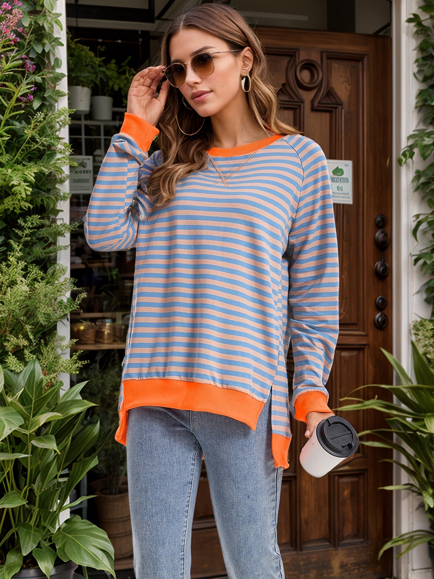 Bublédon Onfers Womens Split Hem Striped Oversized Sweatshirt Color Block Crew Neck Casual Loose Shirt Tops