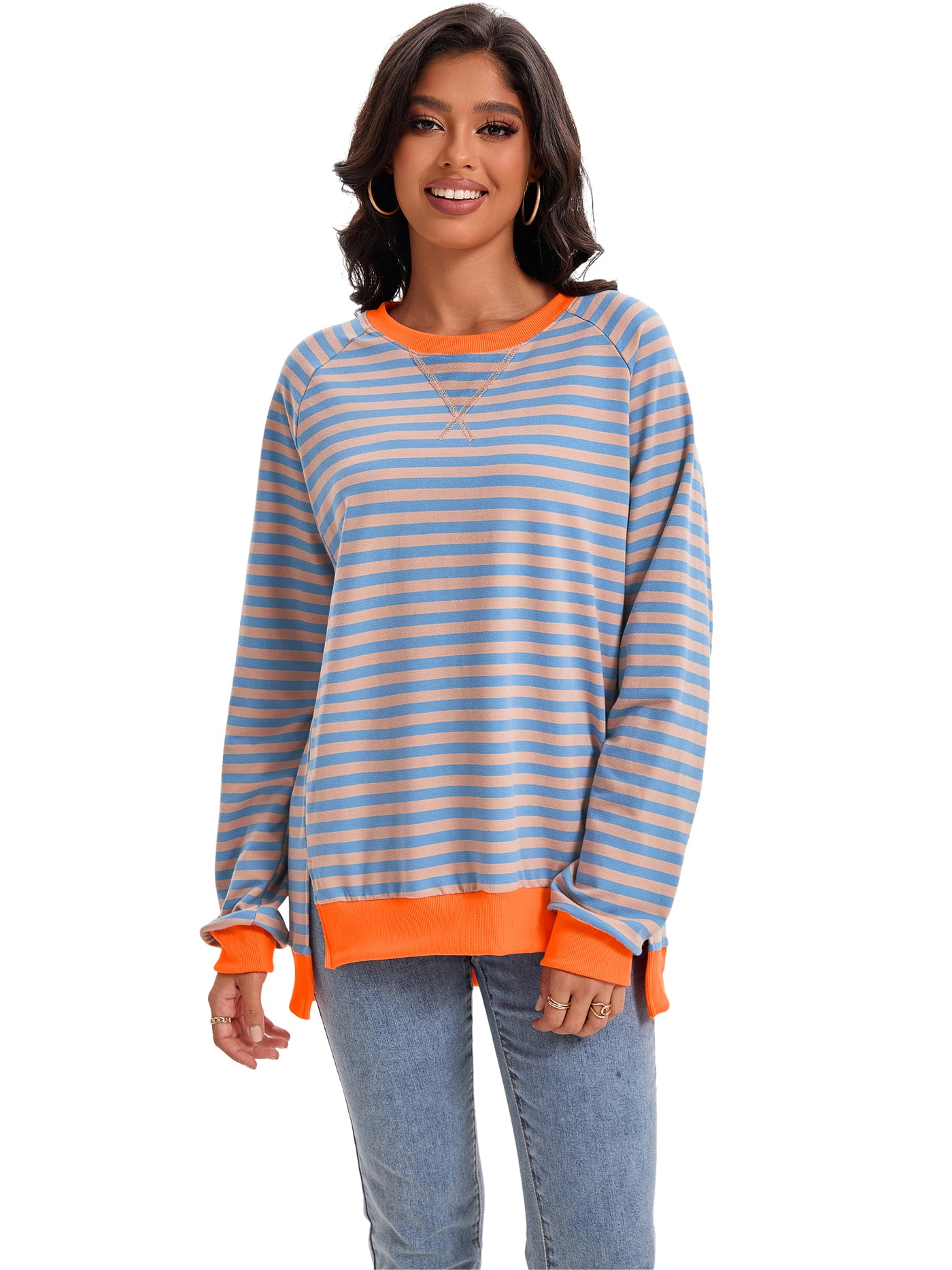 Bublédon Onfers Womens Split Hem Striped Oversized Sweatshirt Color Block Crew Neck Casual Loose Shirt Tops